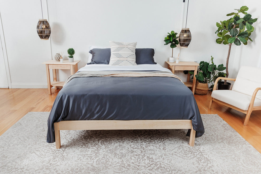 Eco friendly bedroom featuring sustainable wood furniture, indoor plants, rattan pendant lighting and a natural rug