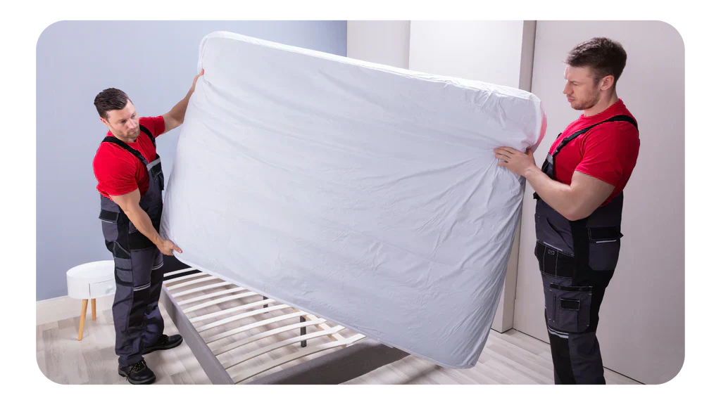 Workers moving a used mattress onto a bed frame, representing used mattress resale, handling, and legal considerations