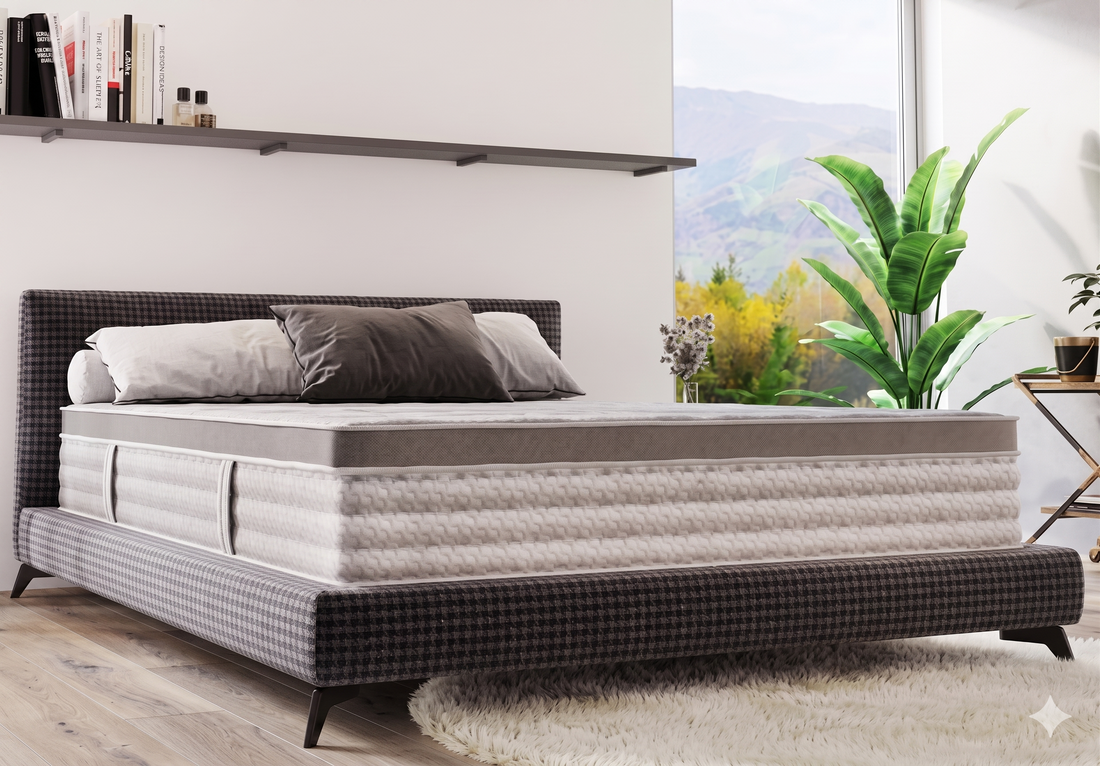 Thick organic hybrid mattress with visible comfort layers on a platform bed in a sunlit modern bedroom