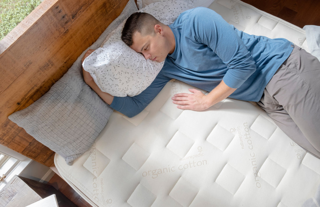 Side sleeping position with pillow illustrating proper loft and firmness support for neck alignment and pressure relief