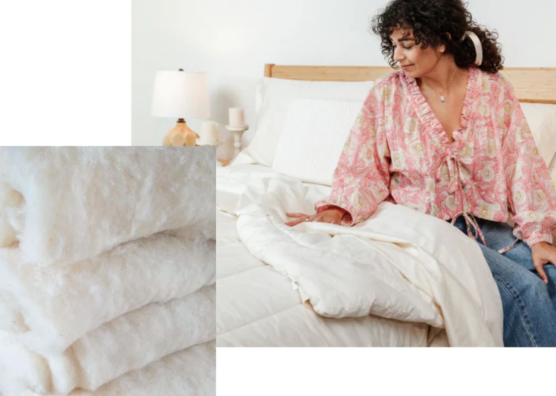 Woman folding a fluffy organic wool mattress topper on a bed, with a close-up of soft raw wool fill fibers beside it